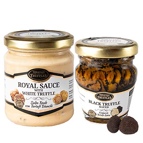 Carpaccio Tartufo Gourmet Black Summer Truffle 70% Sommertrüffel Schwarze Trüffel Scheiben und White truffle Royal Weißen Trüffel Sahne Käse TrüffelCreme Delikatesse für Feinschmecker (80g) von Pesto