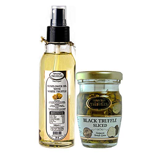 Natürliche Sonnenblumenöl mit Weißen Trüffel Trüffel öl Sunflower oil with White truffle Gourmet Spray 100ml und Carpaccio Tartufo Gourmet Black Summer Truffle 70% Sommertrüffel Schwarze Trüffel 60g von Oil