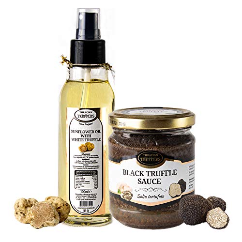 Natürliche Sonnenblumenöl mit Weißen Trüffel Trüffel öl Sunflower oil with White truffle Gourmet Spray 100ml und Schwarze Trüffel Saucen Black truffle sauce Trüffelcreme Sommertrüffel Tartufata 170g von Truffles