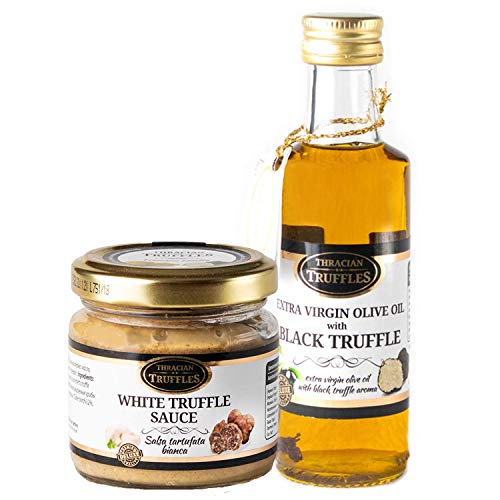 Trüffelöl Sommertrüffel Schwarztrüffel Black truffle olive oil Echte Trüffelstücke 100ml und Weißen Trüffel Feinkost White Truffle Gourmet Trüffelcreme die Delikatesse für Feinschmecker (80g) von Pesto