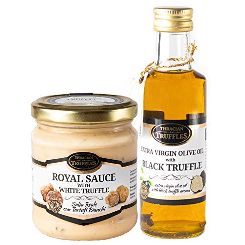 Trüffelöl Sommertrüffel Schwarztrüffel Black truffle olive oil Extra Virgin Echte Trüffelstücke 100ml und White truffle Royal Weißen Trüffel mit Sahne und Käse, für Fleisch, Omeletts, Pasta 180g von Pesto