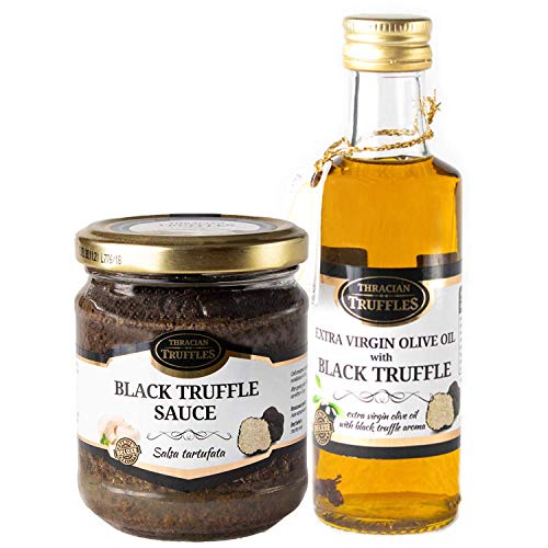 Trüffelöl Sommertrüffel Schwarztrüffel olive oil Extra Virgin Echte Trüffelstücke 100ml und Schwarze Trüffel Saucen Black truffle Trüffelcreme Sommertrüffel Delikatesse, Pasta, Risotto 170g von Pesto