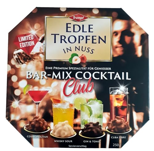 Edle Tropfen in Nuss Bar-Mix Cocktail Club 250g, 4 Sorten flüssig gefüllte Schokoladen-Pralinen mit Zuckerkruste und knackigen Haselnuss-Splittern von Edle Tropfen in Nuss