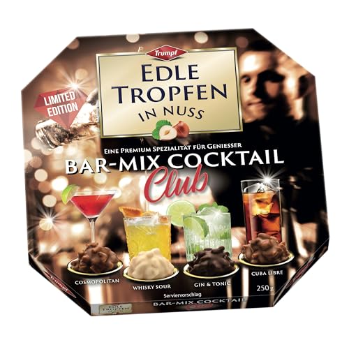 Edle Tropfen in Nuss Bar-Mix Cocktail Club 250g, 4 Sorten flüssig gefüllte Schokoladen-Pralinen mit Zuckerkruste und knackigen Haselnuss-Splittern von Trumpf