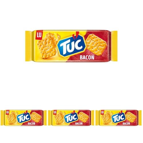 TUC Bacon 1 x 100g I Salzgebäck Einzelpackung I Knabbergebäck mit Bacon-Geschmack I Fein gesalzene Snack-Cracker (Packung mit 4) von Tuc