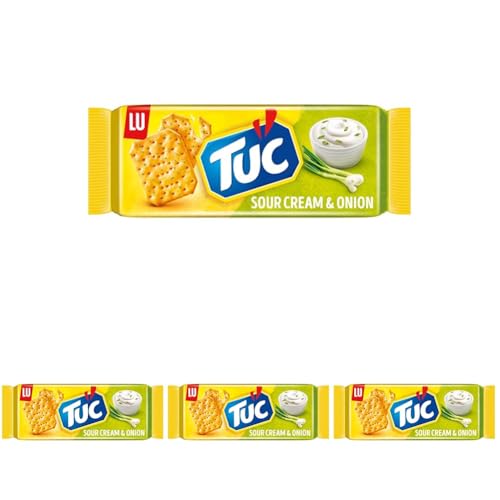 TUC Sour Cream & Onion 1 x 100g I Salzgebäck Einzelpackung I Knabbergebäck mit Sauerrahm-Zwiebel-Geschmack I Fein gesalzene Snack-Cracker (Packung mit 4) von Tuc