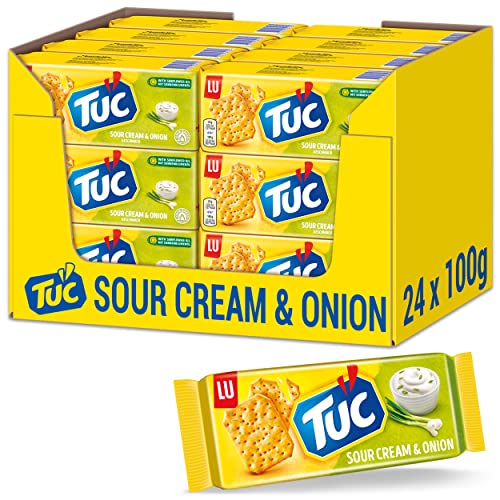 TUC Sour Cream & Onion 24 x 100g I Salzgebäck Großpackung I Knabbergebäck mit Sauerrahm-Zwiebel-Geschmack I Fein gesalzene Snack-Cracker von Tuc