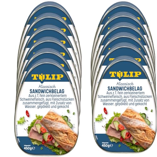 TULIP 12x 450 g Sandwichbelag aus Schweinefleisch | Frühstücksfleisch saftiges Fleisch | Brotbelag ideal für Sandwichkreationen | Frühstücksfleisch in der Konserve von Tulip