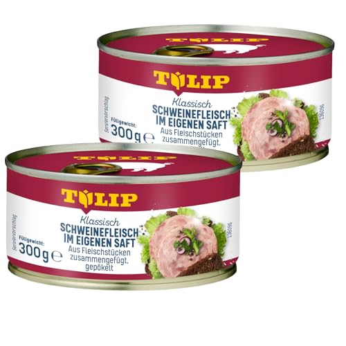 TULIP 2x 300 g Schweinefleisch im eigenen Saft | Fleisch Schwein 94% | Frühstücksfleisch in der Konserve | Ideal als Belag oder zum Anbraten | Konservenfleisch von Tulip