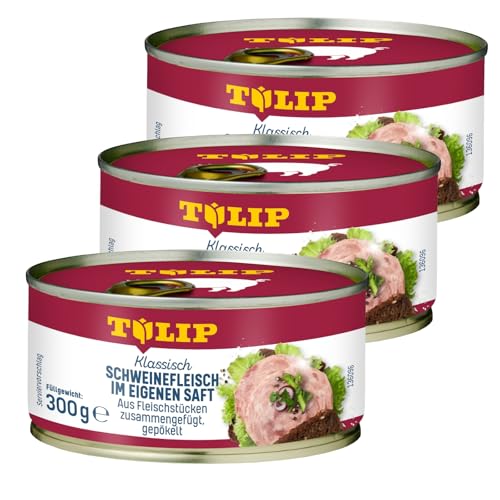 TULIP 3x 300 g Schweinefleisch im eigenen Saft | Fleisch Schwein 94% | Frühstücksfleisch in der Konserve | Ideal als Belag oder zum Anbraten | Konservenfleisch von Tulip