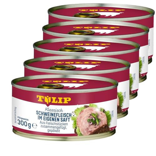 TULIP 5x 300 g Schweinefleisch im eigenen Saft | Fleisch Schwein 94% | Frühstücksfleisch in der Konserve | Ideal als Belag oder zum Anbraten | Konservenfleisch von Tulip