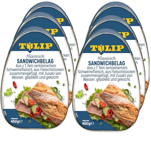 TULIP 6x 450 g Sandwichbelag aus Schweinefleisch | Frühstücksfleisch in Dosen | Zartes Fleisch in der Konserve | Saftiger Brotbelag | Ideal für Ihre Sandwich-Kreationen von Tulip