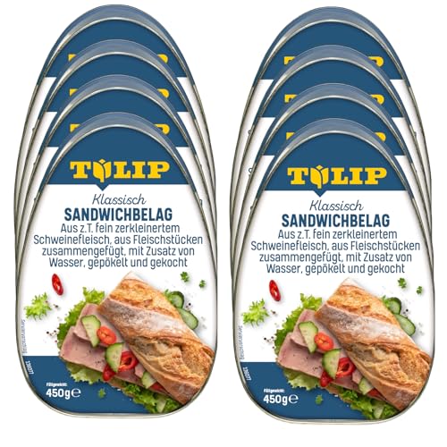 TULIP 8x 450 g Sandwichbelag aus Schweinefleisch | Frühstücksfleisch in Dosen | Zartes Fleisch in der Konserve | Saftiger Brotbelag | Ideal für Ihre Sandwich-Kreationen von Tulip