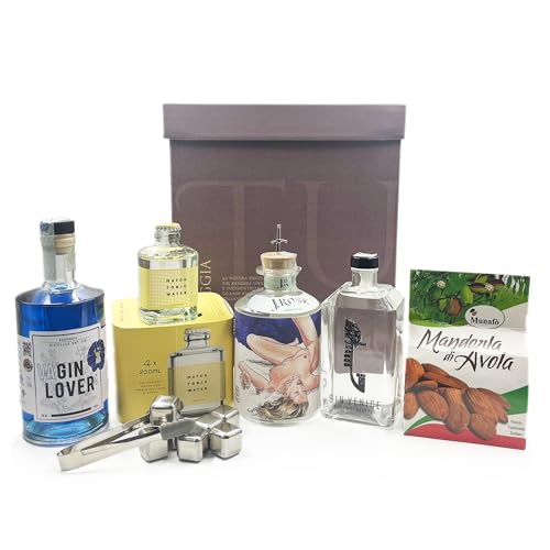 Tuquam Box Gin & Tonic Auswahl - Edelstahl-Eiswürfel und Avola-Mandeln - GIN J ROSE, GIN VAGIN LOVER, GIN VENICE mit Murrina - 4 x Indian Match Tonic - Direkt aus Italien von Tuquam