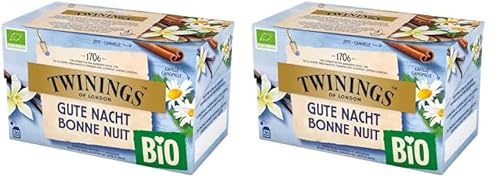 Twinings Bio Gute Nacht Kräuter-Tee - beruhigende Bio Kräuter-Teemischung mit Kamille, Zimt und Vanille verfeinert mit Rooibos, 20 Tee-Beutel, 34 g (Packung mit 2) von Twinings