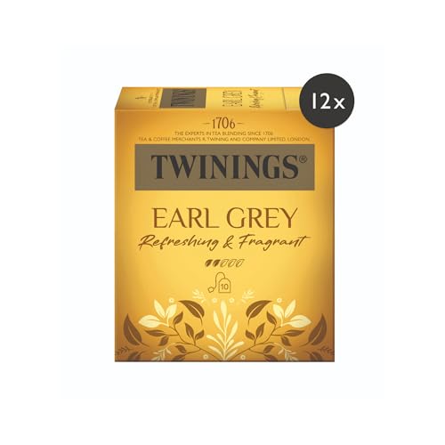 Twinings EARL GREY Schwarzer Tee im Teebeutel verfeinert mit Bergamotte-Aroma - weltbekannt & ausgesprochen erfrischender Schwarztee aus China, 12er Pack (je 10 Beutel) von Twinings