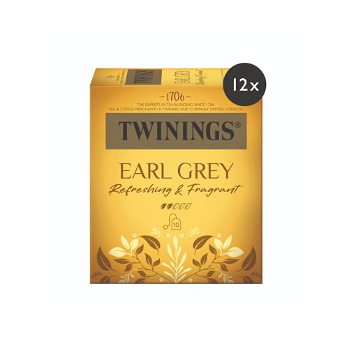 Twinings EARL GREY Schwarzer Tee im Teebeutel verfeinert mit Bergamotte-Aroma - weltbekannt & ausgesprochen erfrischender Schwarztee aus China, 12er Pack (je 10 Beutel) von Twinings