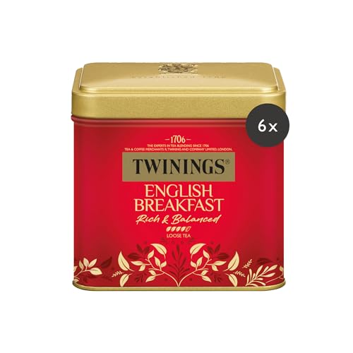 Twinings ENGLISH BREAKFAST Schwarzer Tee lose in der Tee-Dose - kräftiger Schwarztee aus hochwertigen Teeblättern, gepflückt in Sri Lankas & Indiens besten Teegärten, 6er Pack (je 100g) von Twinings