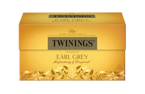 Twinings EARL GREY Schwarzer Tee im Teebeutel verfeinert mit Bergamotte-Aroma - weltbekannt & ausgesprochen erfrischender Schwarztee aus China, 1er Pack (25 Teebeutel) von Twinings