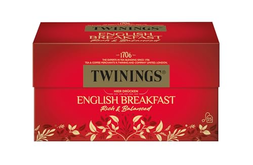 Twinings ENGLISH BREAKFAST Schwarzer Tee im Teebeutel - kräftiger Schwarztee aus hochwertigen Teeblättern, gepflückt in Sri Lankas & Indiens besten Teegärten, 1er Pack (25 Beutel) von Twinings