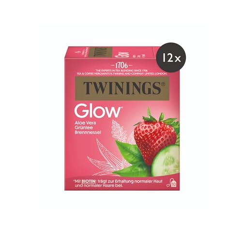 Twinings GLOW Grüner Tee mit Aloe Vera & Brennnessel mit Biotin - wohltuende Kräutertee Mischung zur natürlichen Unterstützung von Haut & Haar, 12er Pack (je 10 Beutel) von Twinings