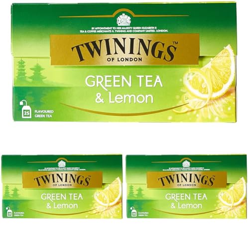 Twinings Green Tea and Lemon - Grüner Tee mit erfrischendem Zitronengeschmack im Teebeutel - einzigartige Grüntee Mischung verfeinert mit Zitronenschale, 25 Teebeutel (40 g) (Packung mit 3) von Twinings