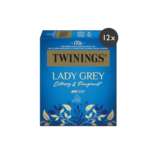 Twinings LADY GREY Schwarzer Tee im Teebeutel - Mischung chinesischer Schwarztee Teesorten mit Orangen- & Zitronenschale, vollendet mit Bergamotte-Aroma, 12er Pack (je 10 Beutel) von Twinings