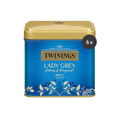 Twinings LADY GREY Schwarzer Tee in der Tee-Dose - Mischung chinesischer Schwarztee Teesorten mit Orangen- & Zitronenschale, vollendet mit Bergamotte-Aroma, 6er Pack (je 100g) von Twinings