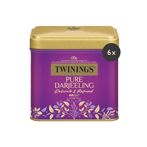 Twinings PURE DARJEELING Schwarzer Tee lose in der Tee-Dose - zarter Schwarztee mit einem Hauch Muskat, gepflückt in den Anbaugebieten der Himalaja-Region, 6er Pack (je 100g) von Twinings