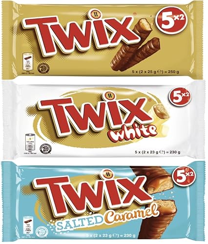 TWIX Multipack-Mix 3 Packungen, 15 Riegel I Twix Original I Twix White I Twix Salted Caramel I Milchschokolde I Weiße Schokolade I Karamell I Keks I Schokoriegel von Twix