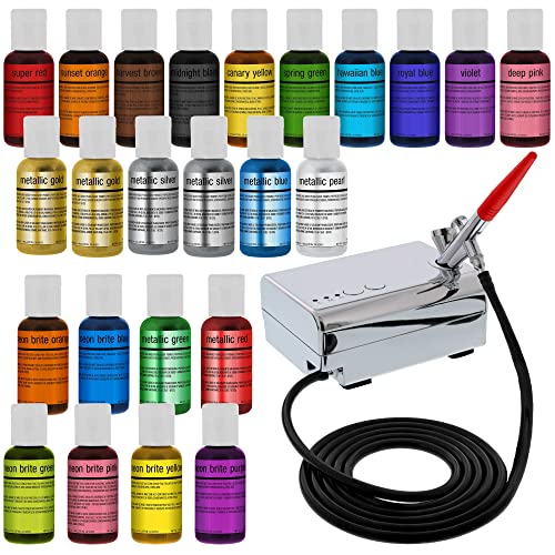 U.S. Cake Supply Komplettes Airbrush-Set zum Dekorieren von Kuchen mit einer vollständigen Auswahl von 24 lebendigen Airbrush-Lebensmittelfarben – Dekorieren Sie Kuchen, Cupcakes, Kekse und Desserts von U.S. Cake Supply