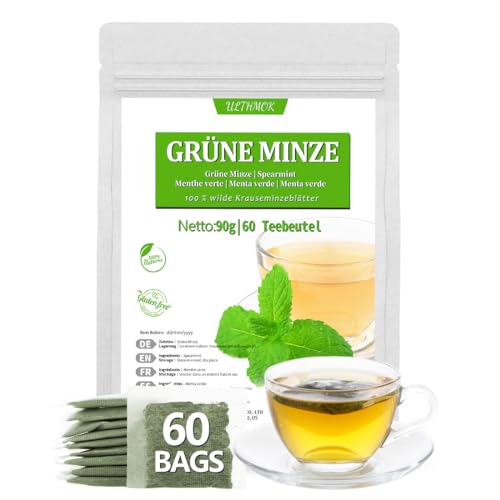 Premium Spearmint 60 Teebeutel,Grüne Minze hergestellt aus 100 % natürlicher Spearmint, koffeinfrei und ohne Zusatzstoffe von ULTHMOK