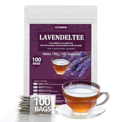 Lavendeltee 100 Teebeutel, Getrocknete Lavendelblüten, Vegan, Glutenfrei, natürlicher Kräutertee von ULTHMOK