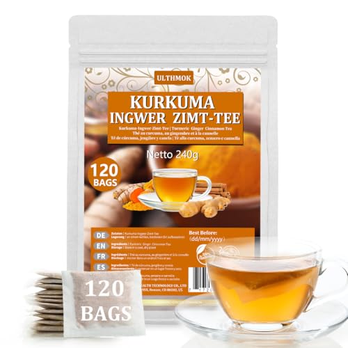 Kurkuma Tee, Ginger, Cinnamon Tea Bags - 100% Natural & No Additives & Caffeine Free - Der perfekte Kräutertee für Ihren Genuss，120 Beutel von ULTHMOK