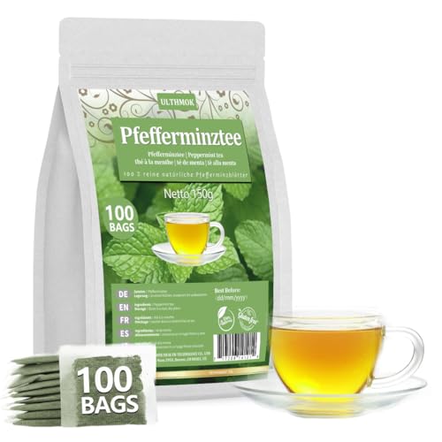 ULTHMOK Premium Pfefferminztee Beutel - 100 Teebeutel aus 100% natürlichen Pfefferminzblättern, ohne Zusatzstoffe & Koffeinfrei von ULTHMOK