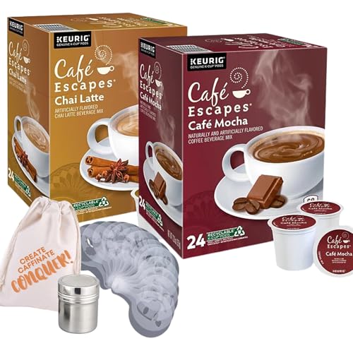 Chai Latte Mokka K Tassen Kaffee Latte Art Bundle – mit Cafe Escapes Mokka Chai Latte Kcups für Keurig und Latte Schablonen Sugar Duster und Kordelzugbeutel aus Segeltuch von UP ARROW