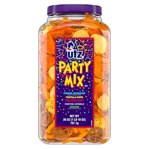 Utz Party-Mix – 750 ml Fass – leckere Snack-Mischung enthält Maistortillas, Nacho-Tortillas, Brezeln, BBQ-Maischips und Käselocken, einfache und schnelle Party-Snacks, Cholesterinfrei und von UTZ