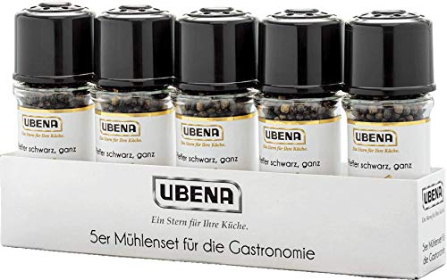 UBENA Gewürze - 5er Set schwarzer Pfeffer ganz | Ideal zum Nachwürzen am Tisch | 225 g in der Mühle von Ubena