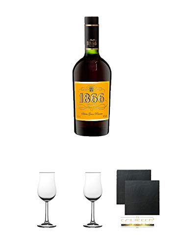 1866 Brandy Gran Reserva 0,7 Liter + 2 Bugatti Nosing Gläser mit Eichstrich 2cl und 4cl + 2 Schiefer Glasuntersetzer eckig ca. 9,5 cm Ø von Diverse