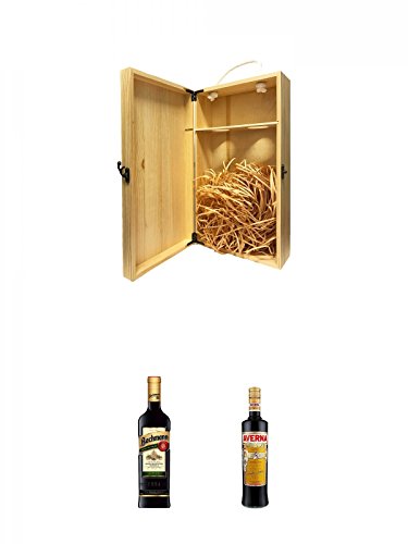 1a Whisky Holzbox für 2 Flaschen mit Hakenverschluss + Bachmann Kräuterlikör aus Deutschland 0,7 ltr. + Averna Amaro Siciliano Halbbitter aus Italien 0,7 Liter von Diverse