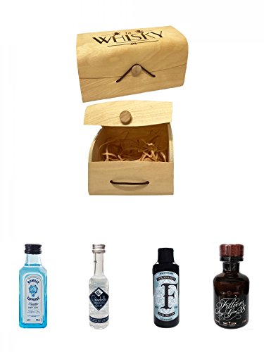 1a Whisky Holzbox mit Flexdeckel groß + Bombay Sapphire Gin 5 cl Miniatur + Citadelle Gin aus Frankreich 5 cl + Ferdinands Saar Dry Gin Deutschland 0,05 Liter Miniatur + Filliers Premium Dry Gin Belgien 0,05 Liter MINIATUR von Unbekannt