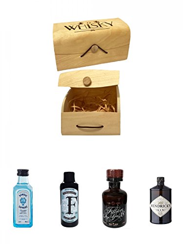 1a Whisky Holzbox mit Flexdeckel groß + Bombay Sapphire Gin 5 cl Miniatur + Ferdinands Saar Dry Gin Deutschland 0,05 Liter Miniatur + Filliers Premium Dry Gin Belgien 0,05 Liter MINIATUR + Hendricks Gin Small Batch 5 cl von Unbekannt