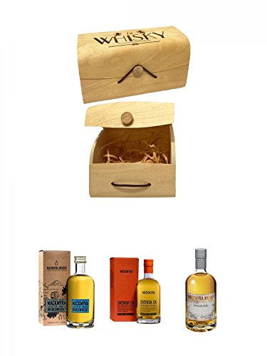 1a Whisky Holzbox mit Flexdeckel groß + Mackmyra Bruks Svensk Single Malt 0,05 Liter Miniatur + Mackmyra Svenks Ek Single Malt 0,05 Liter Miniatur + Mackmyra Svens Rök Single Malt 0,05 Liter Miniatur von Unbekannt