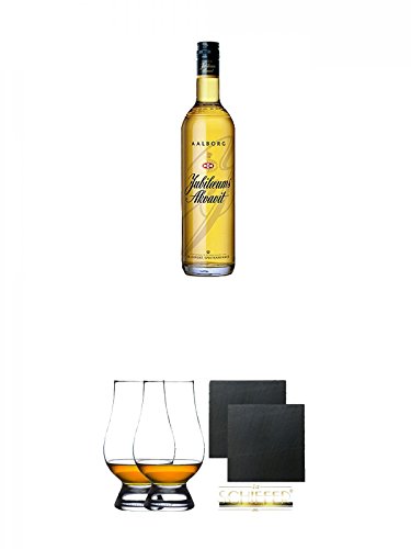 Aalborg Jubiläums Akvavit braun 1,0 Liter + The Glencairn Glas Stölzle 2 Stück + Schiefer Glasuntersetzer eckig ca. 9,5 cm Ø 2 Stück von Diverse