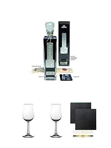 Absinth 66 85 Black Edition in Schmuckdose 0,5 Liter + 2 Bugatti Nosing Gläser mit Eichstrich 2cl und 4cl + 2 Schiefer Glasuntersetzer eckig ca. 9,5 cm Ø von Diverse