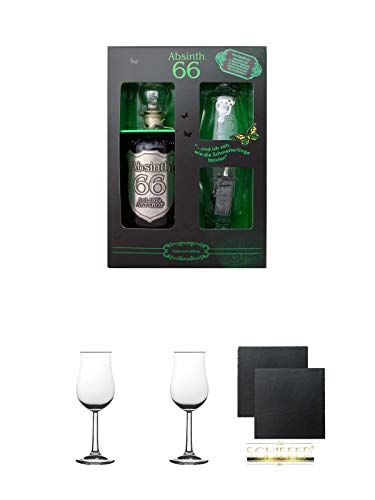 Absinth 66 Classic Geschenkpackung + Nosing Gläser Kelchglas Bugatti mit Eichstrich 2cl und 4cl 1 Stück + Nosing Gläser Kelchglas Bugatti mit Eichstrich 2cl und 4cl 1 Stück + Schiefer Glasuntersetzer eckig ca. 9,5 cm Ø 2 Stück von Unbekannt