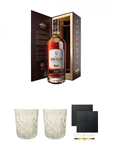 Abuelo Centuria Rum Panama 0,7 Liter + Rum Glas 1 Stück + Rum Glas 1 Stück + Schiefer Glasuntersetzer eckig ca. 9,5 cm Ø 2 Stück von Unbekannt