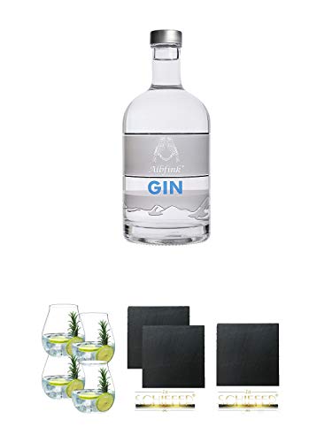 Albfink Dry Gin Deutschland 0,5 Liter + Gin Tonic Glas - 5414/67 4er Set + Schiefer Glasuntersetzer eckig ca. 9,5 cm Ø 2 Stück + Schiefer Glasuntersetzer eckig ca. 9,5 cm Durchmesser von Unbekannt