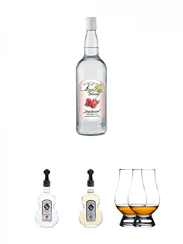 Alpenschnaps Steinbeisser Himbeere 1,0 Liter + Nannerl Marillenschnaps 38% in Geigenform 0,5 Liter + Nannerl Williamsbirnen - Likör 20% in Geigenform 0,5 Liter + The Glencairn Glas Stölzle 2 Stück von Unbekannt