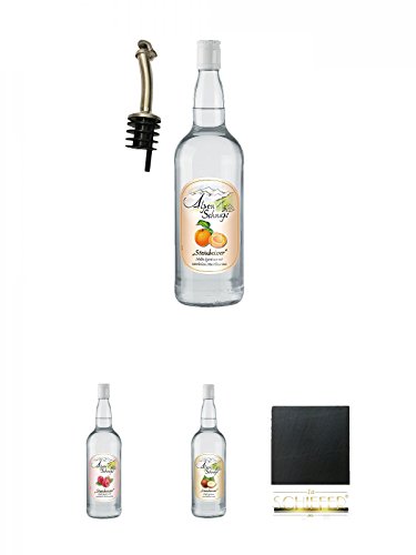 Alpenschnaps Steinbeisser Marille 1,0 Liter + Ausgießer + Alpenschnaps Steinbeisser Himbeere 1,0 Liter + Alpenschnaps Steinbeisser Haselnuss 1,0 Liter + Schiefer Glasuntersetzer eckig ca. 9,5 cm Durchmesser von Unbekannt